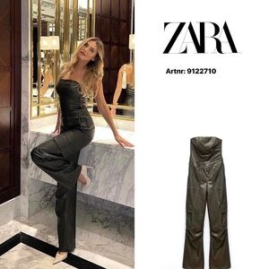 ZARA Faux Leather Strapless Cargo Jumpsuit - Size M